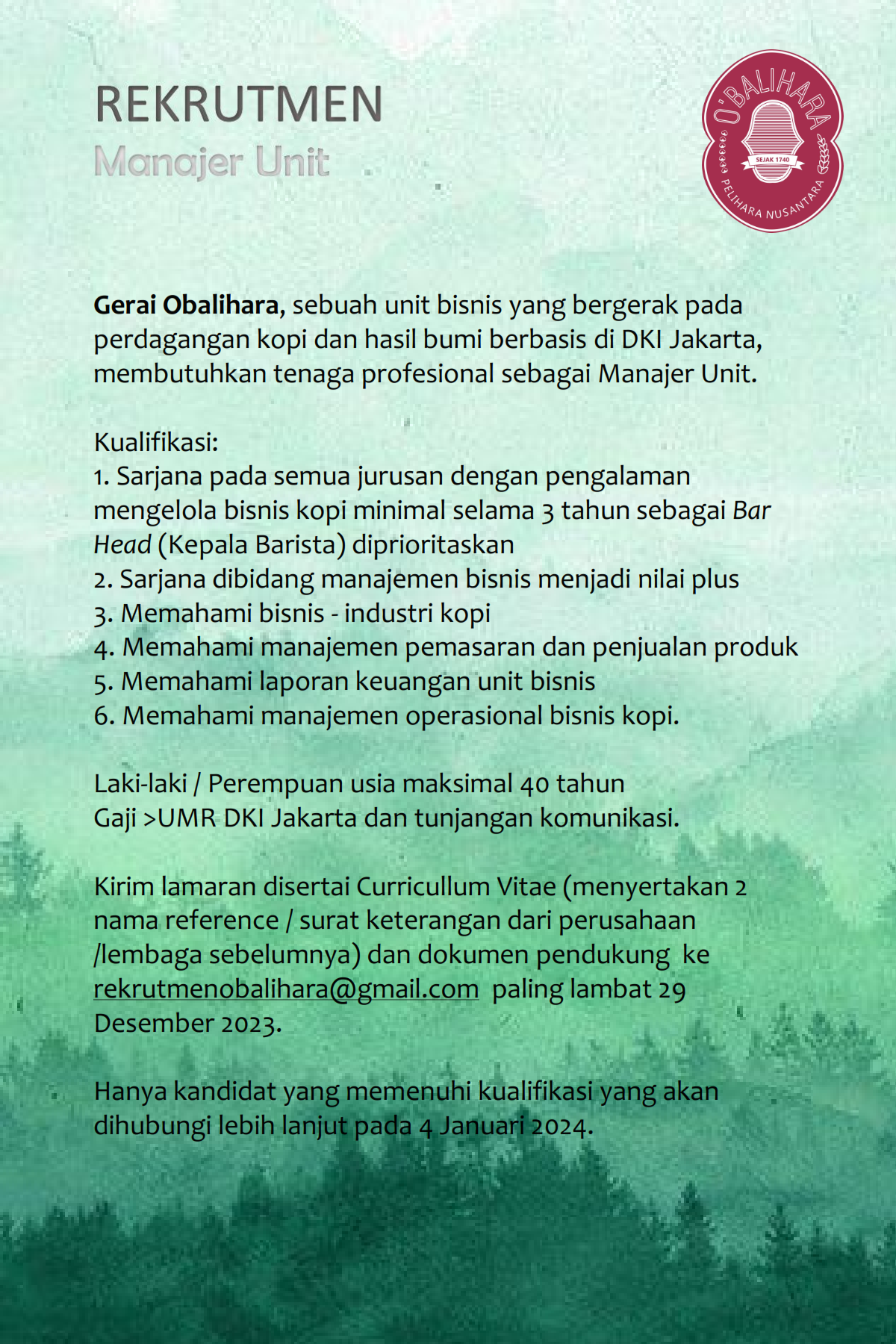 Rekruitmen untuk Gerai O'Balihara
